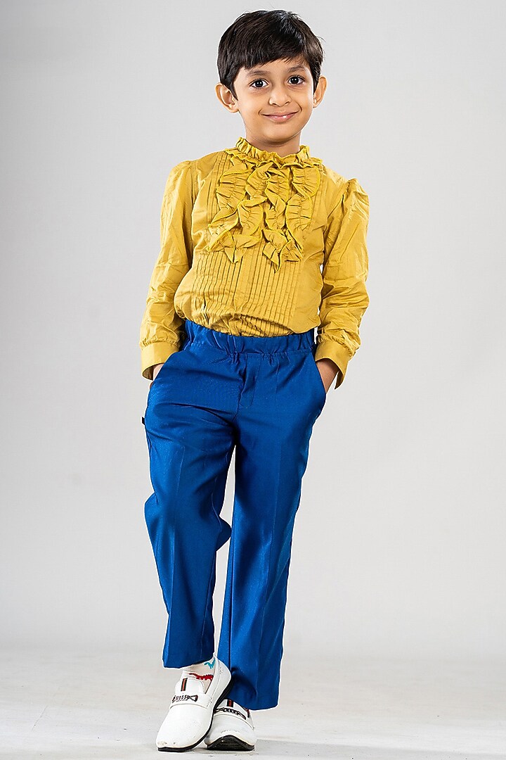 Blue Premium Cotton Suiting Embroidered High-Low Coat Set For Boys by BAYA COUTURE at Pernia's Pop Up Shop