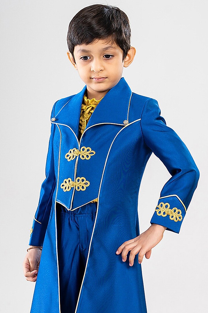 Blue Premium Cotton Suiting Embroidered High-Low Coat Set For Boys by BAYA COUTURE at Pernia's Pop Up Shop