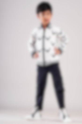 White Denim & Cotton Suiting Embroidered Bomber Jacket Set For Boys by BAYA COUTURE at Pernia's Pop Up Shop