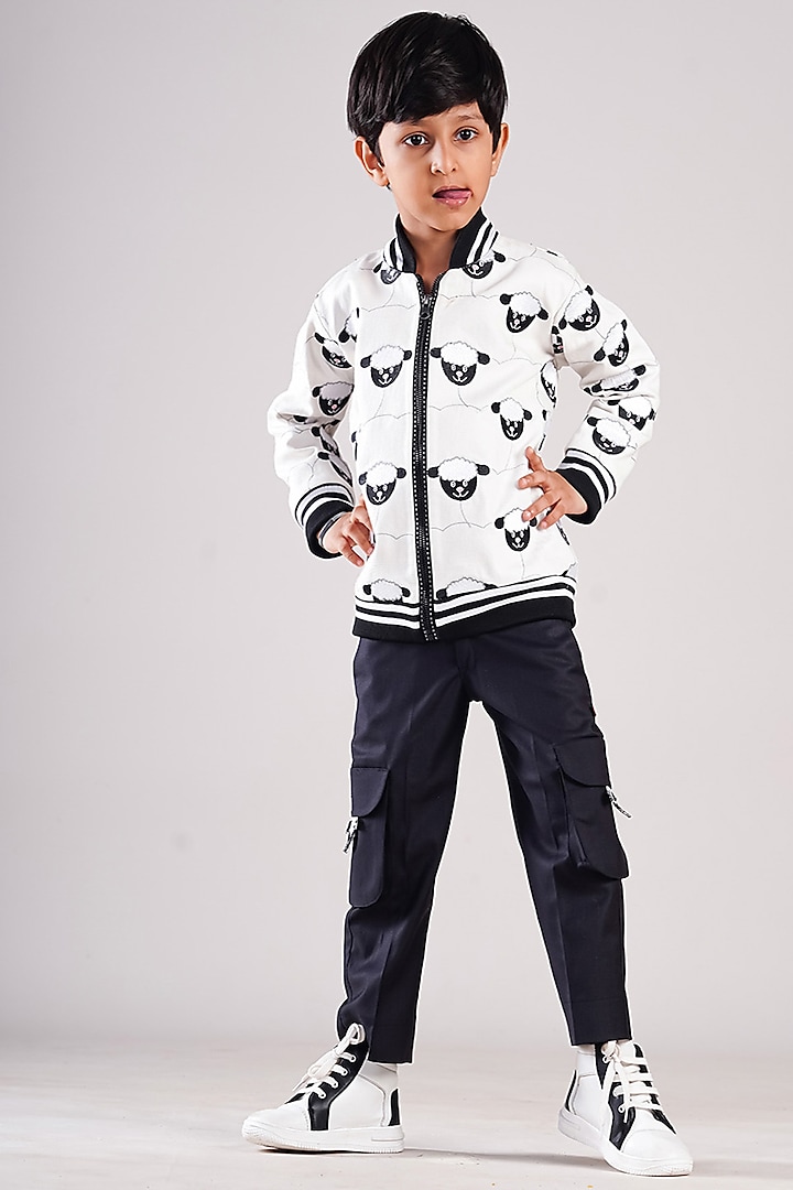 White Denim & Cotton Suiting Embroidered Bomber Jacket Set For Boys by BAYA COUTURE at Pernia's Pop Up Shop