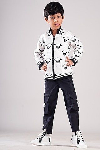 White Denim & Cotton Suiting Embroidered Bomber Jacket Set For Boys by BAYA COUTURE