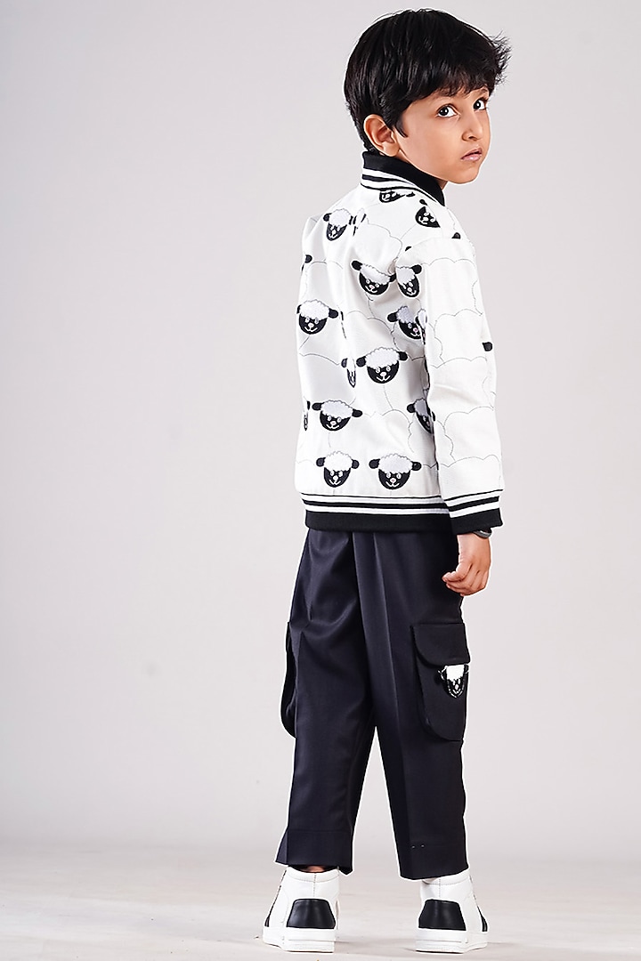 White Denim & Cotton Suiting Embroidered Bomber Jacket Set For Boys by BAYA COUTURE at Pernia's Pop Up Shop