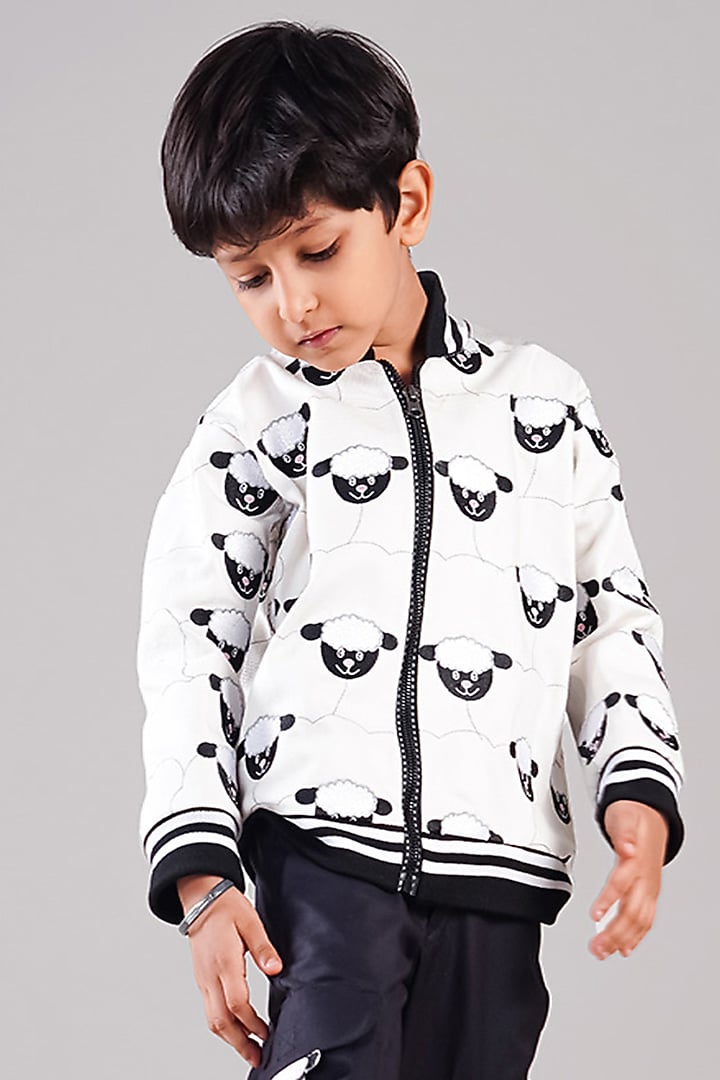 White Denim & Cotton Suiting Embroidered Bomber Jacket Set For Boys by BAYA COUTURE at Pernia's Pop Up Shop