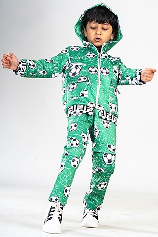 Green Polyester Satin Printed Co-Ord Set For Boys by BAYA COUTURE