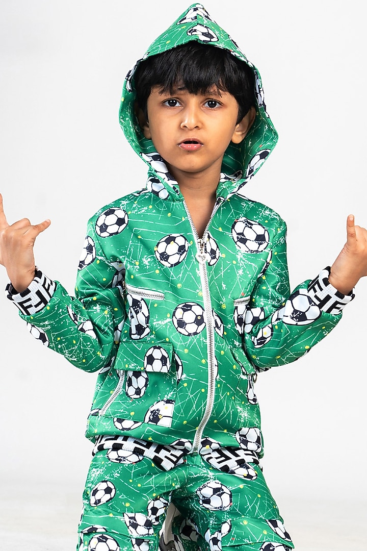 Green Polyester Satin Printed Co-Ord Set For Boys by BAYA COUTURE at Pernia's Pop Up Shop
