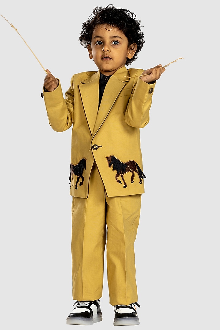 Yellow Premium Cotton Suiting Motif Embroidered Blazer Set For Boys by BAYA COUTURE at Pernia's Pop Up Shop