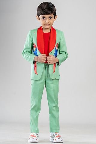 Mint Green Premium Cotton Suiting Embroidered Blazer Set by BAYA COUTURE