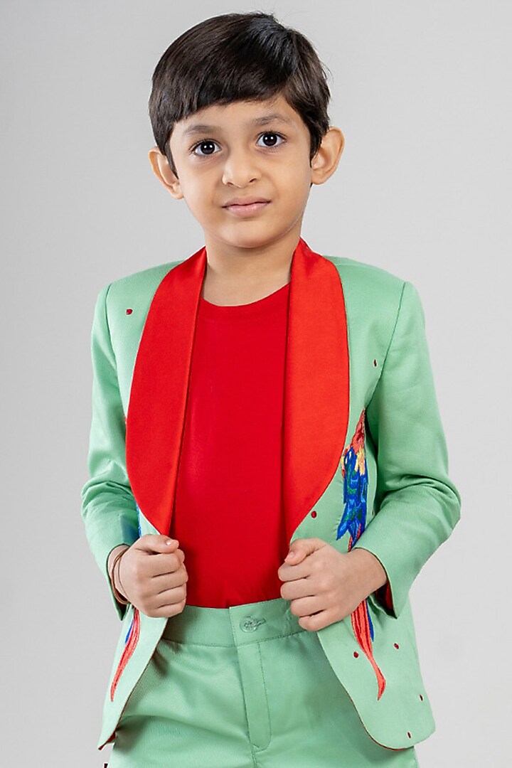 Mint Green Premium Cotton Suiting Embroidered Blazer Set by BAYA COUTURE at Pernia's Pop Up Shop