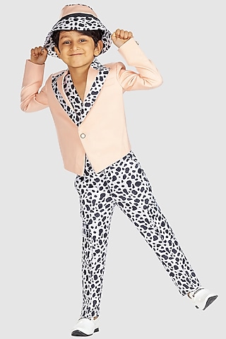 Peach Premium Cotton Suiting and Polyester Printed Blazer Set For Boys by BAYA COUTURE