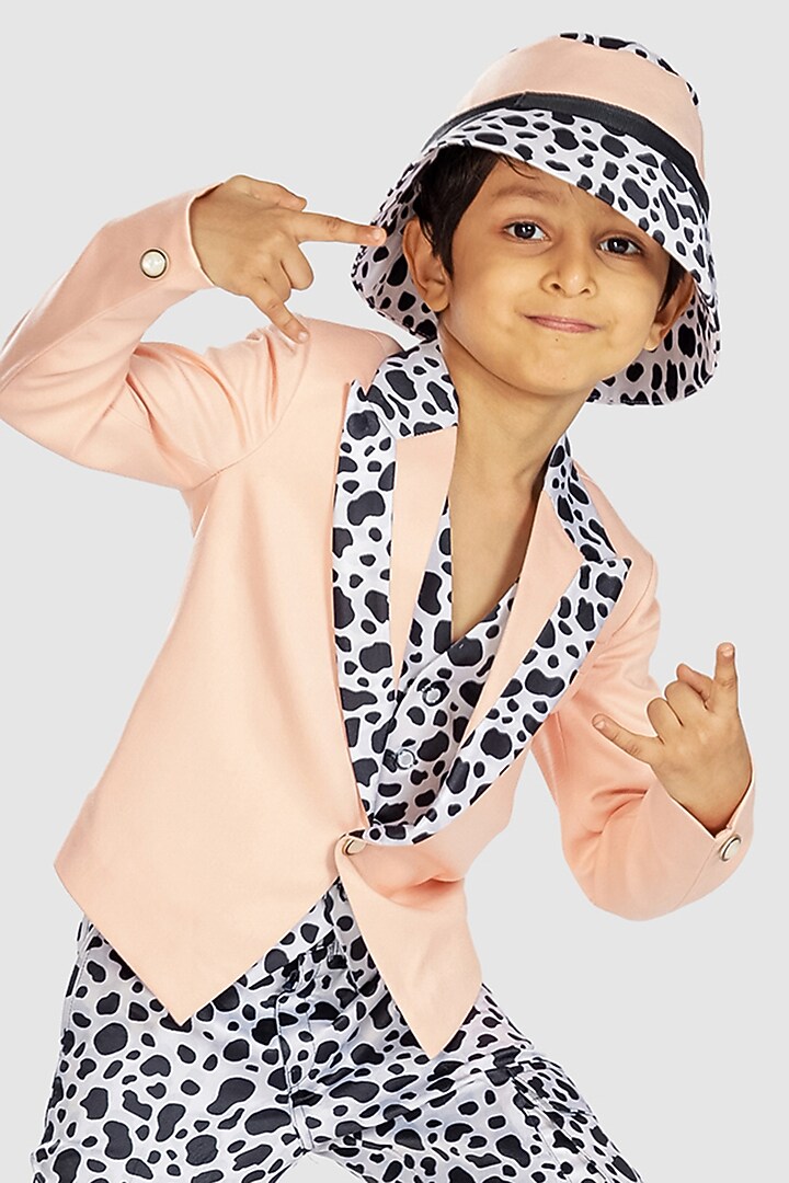 Peach Premium Cotton Suiting and Polyester Printed Blazer Set For Boys by BAYA COUTURE at Pernia's Pop Up Shop