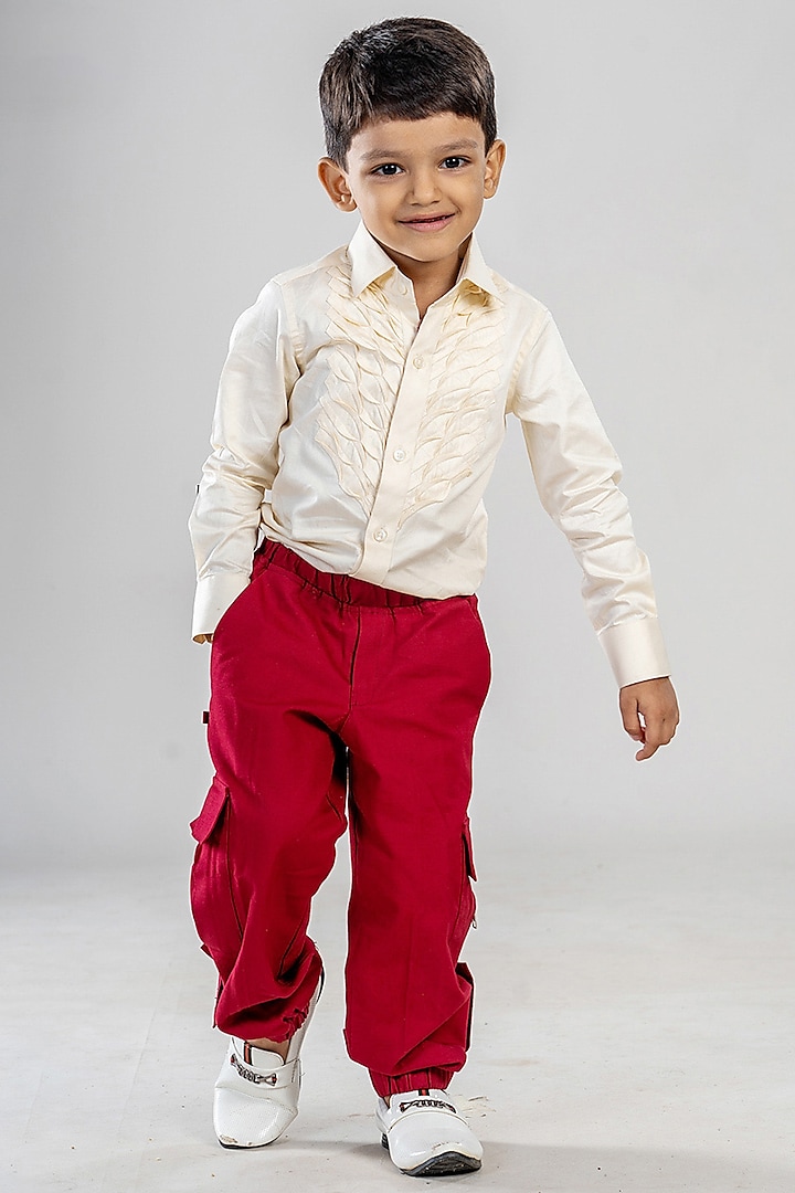 Maroon Polyester Satin Pants Set For Boys by BAYA COUTURE at Pernia's Pop Up Shop