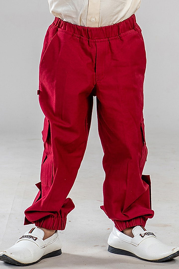 Maroon Polyester Satin Pants Set For Boys by BAYA COUTURE at Pernia's Pop Up Shop