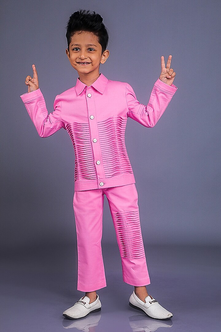 Pink Premium Cotton Suiting Textured Co-Ord Set For Boys by BAYA COUTURE at Pernia's Pop Up Shop