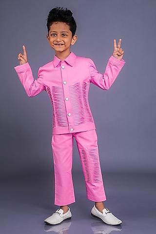 Pink Premium Cotton Suiting Textured Co-Ord Set For Boys by BAYA COUTURE