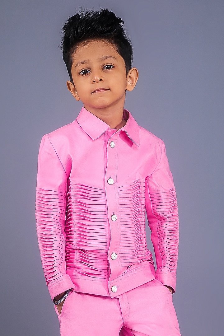 Pink Premium Cotton Suiting Textured Co-Ord Set For Boys by BAYA COUTURE at Pernia's Pop Up Shop
