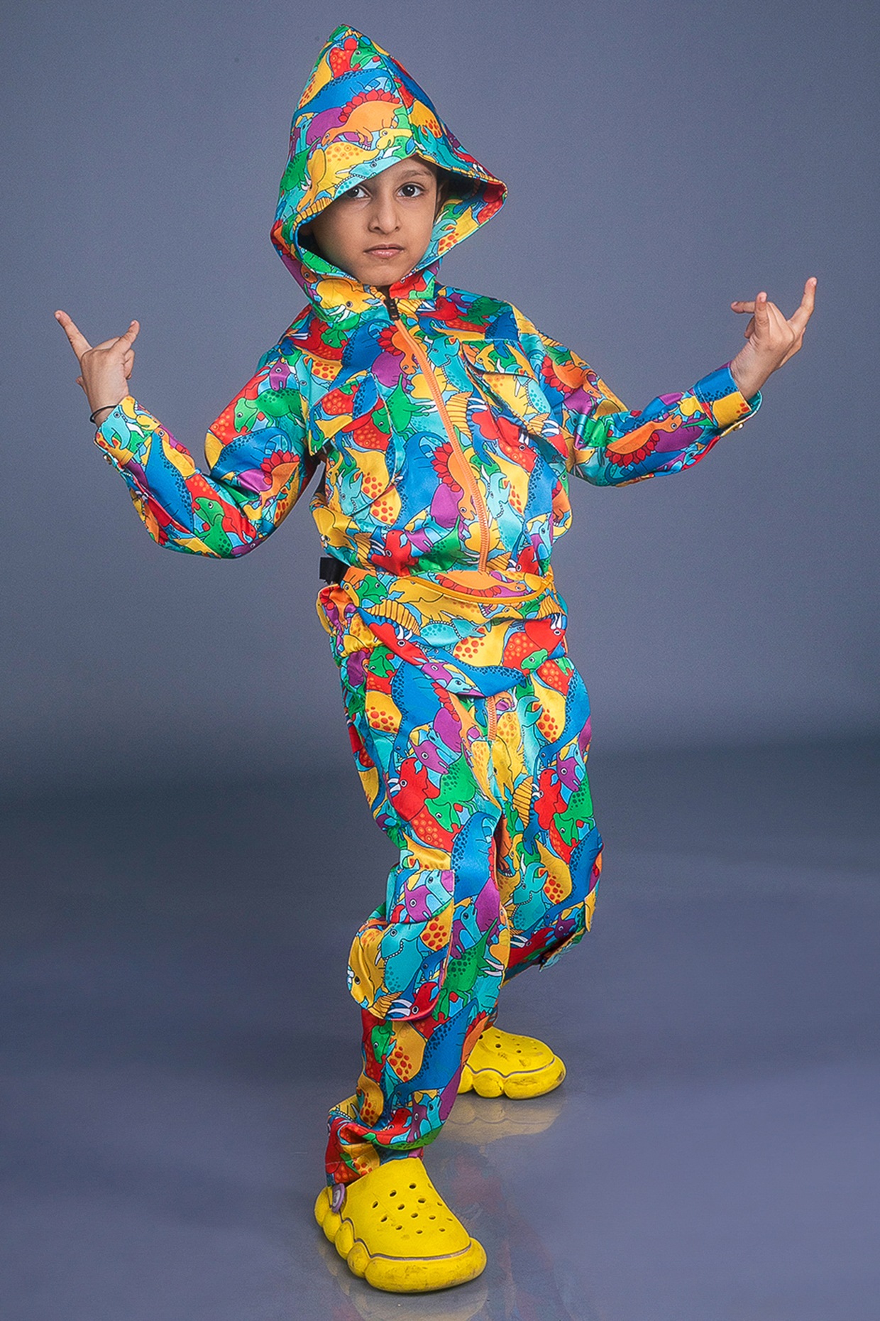 Multi-Colored Satin Printed Jumpsuit With Bag For Boys by BAYA