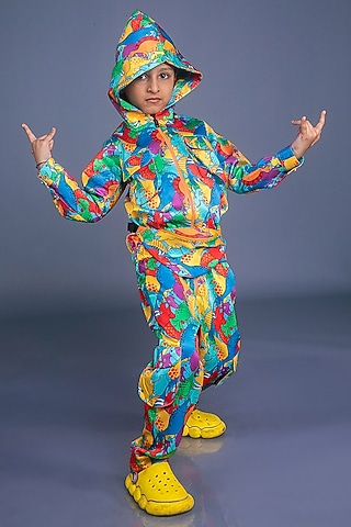 Multi-Colored Satin Printed Jumpsuit With Bag For Boys by BAYA COUTURE
