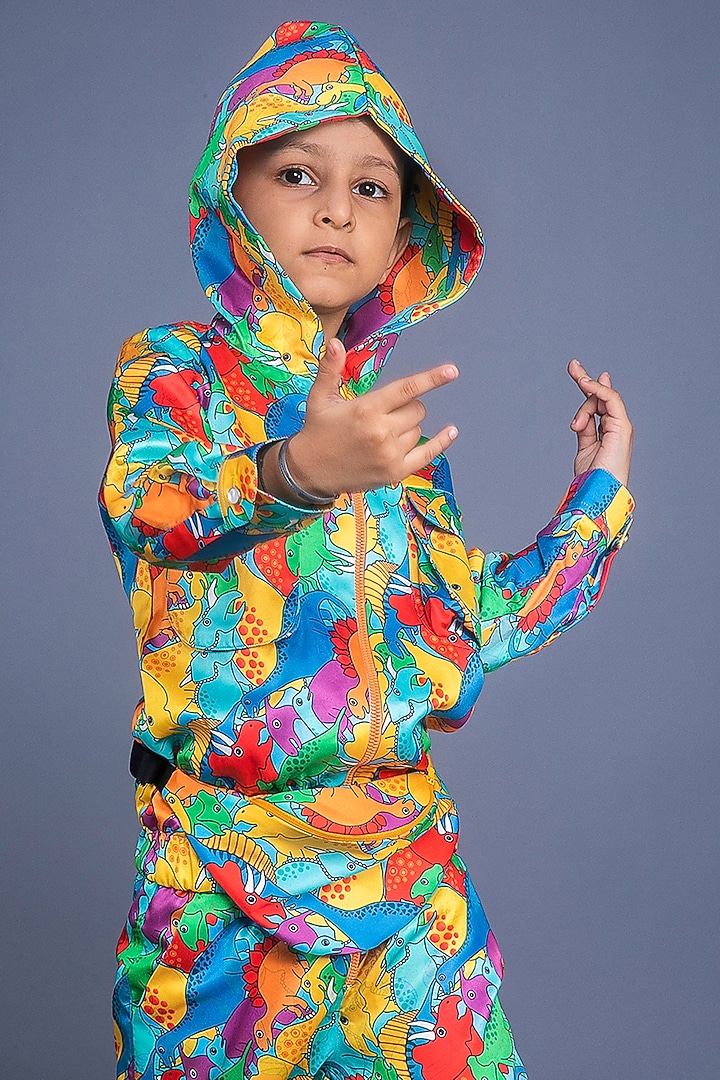 Multi-Colored Satin Printed Jumpsuit With Bag For Boys by BAYA COUTURE at Pernia's Pop Up Shop