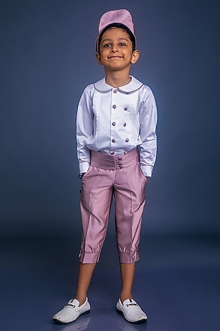 Rose Gold Suiting Pant Set For Boys by BAYA COUTURE
