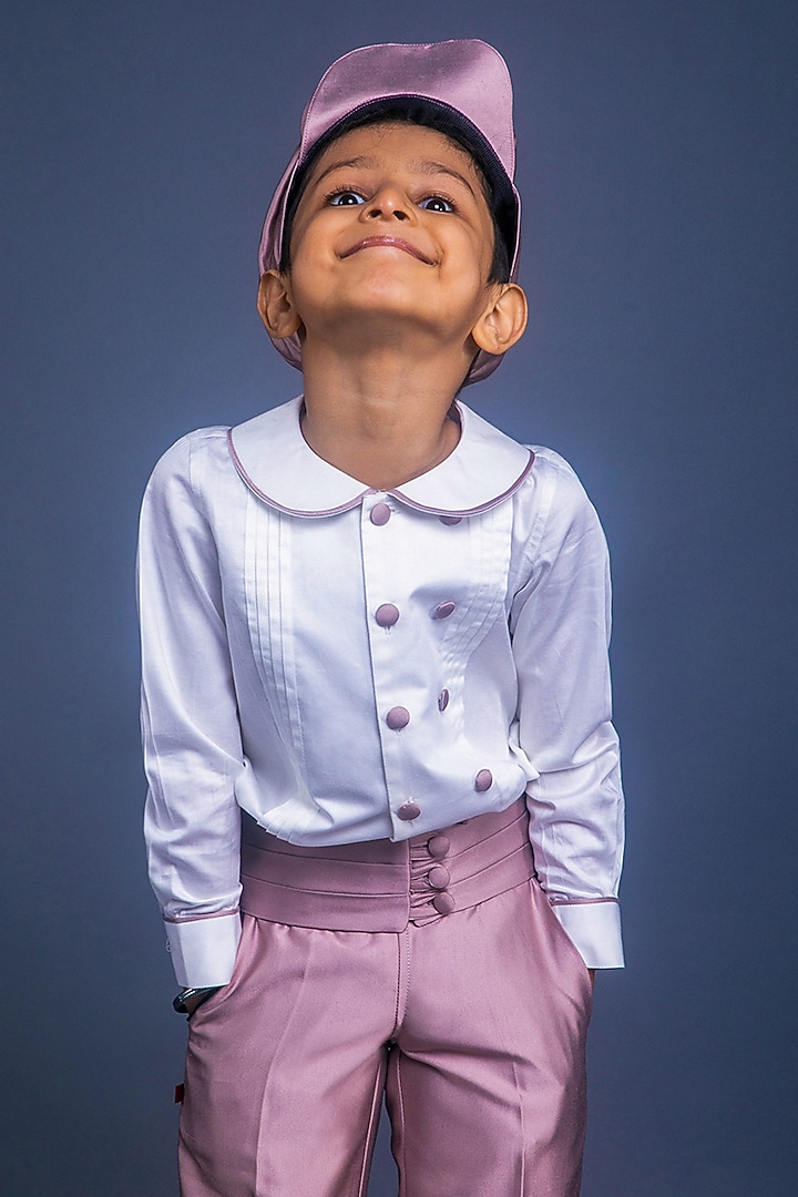 Rose Gold Suiting Pant Set For Boys by BAYA COUTURE at Pernia's Pop Up Shop