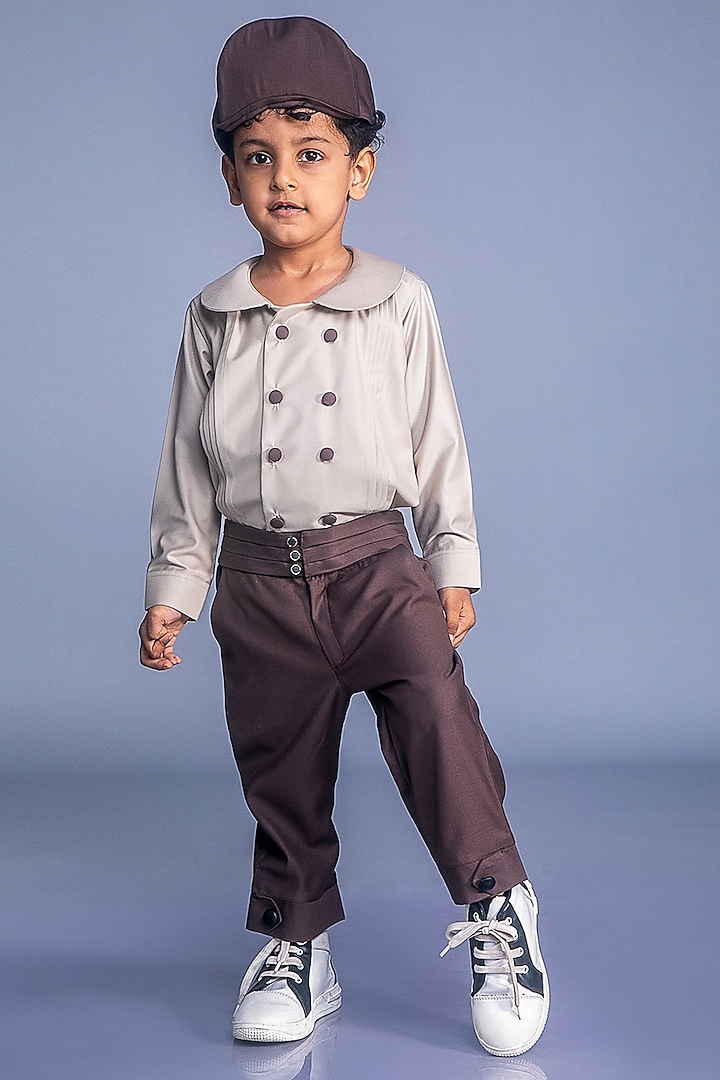 Honey Brown Suiting Pant Set For Boys by BAYA COUTURE at Pernia's Pop Up Shop