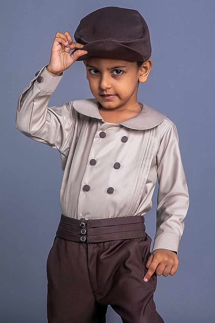 Honey Brown Suiting Pant Set For Boys by BAYA COUTURE at Pernia's Pop Up Shop