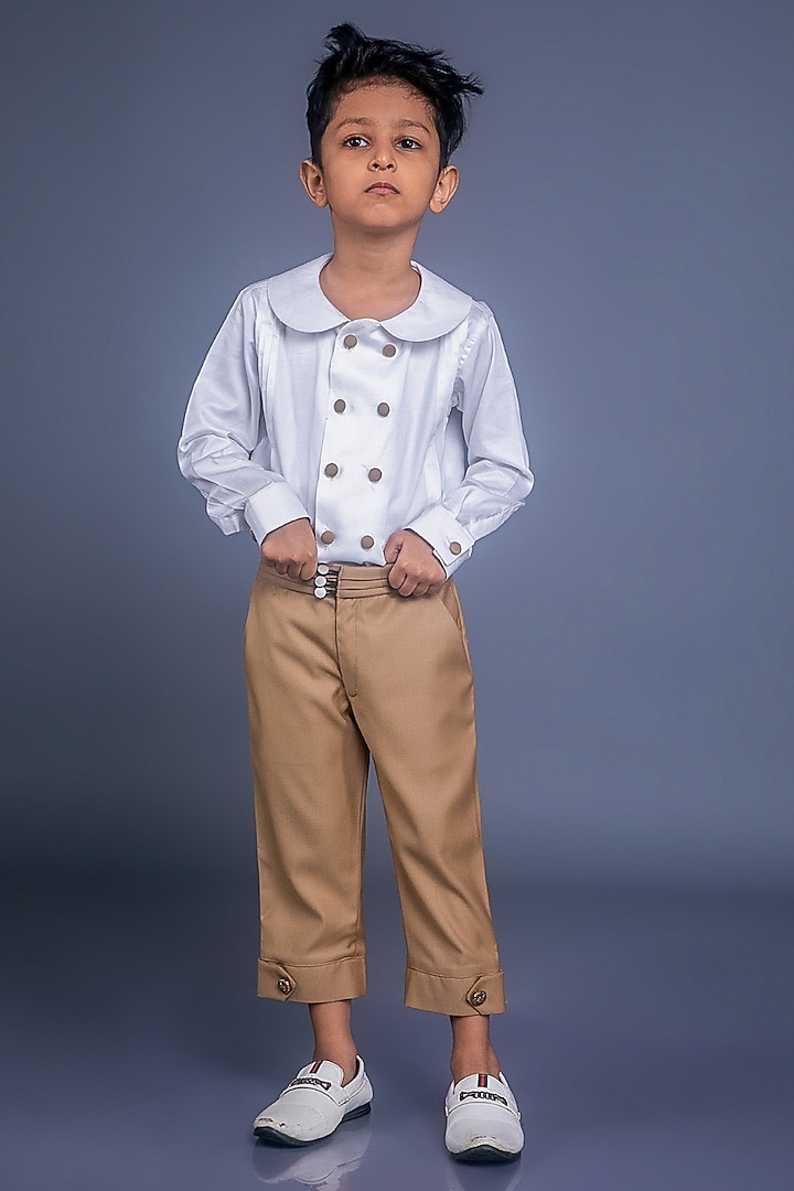 Almond Brown Suiting Pant Set For Boys by BAYA COUTURE at Pernia's Pop Up Shop