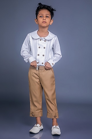 Almond Brown Suiting Pant Set For Boys by BAYA COUTURE
