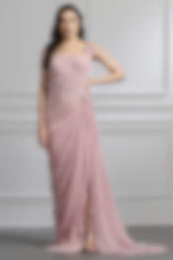 Mauve Georgette Crystal Glass Bead Embroidered Gown by BAYA BY RICHA