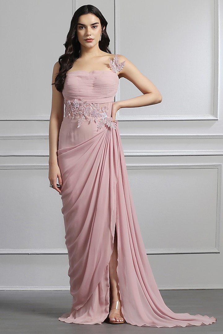 Mauve Georgette Crystal Glass Bead Embroidered Gown by BAYA BY RICHA
