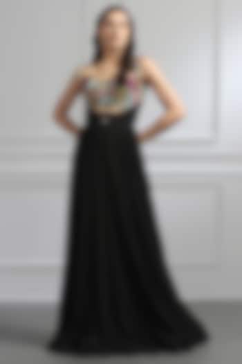 Black Georgette Floral Embellished Draped Gown by BAYA BY RICHA