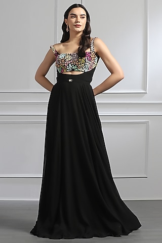 Black Georgette Floral Embellished Draped Gown by BAYA BY RICHA