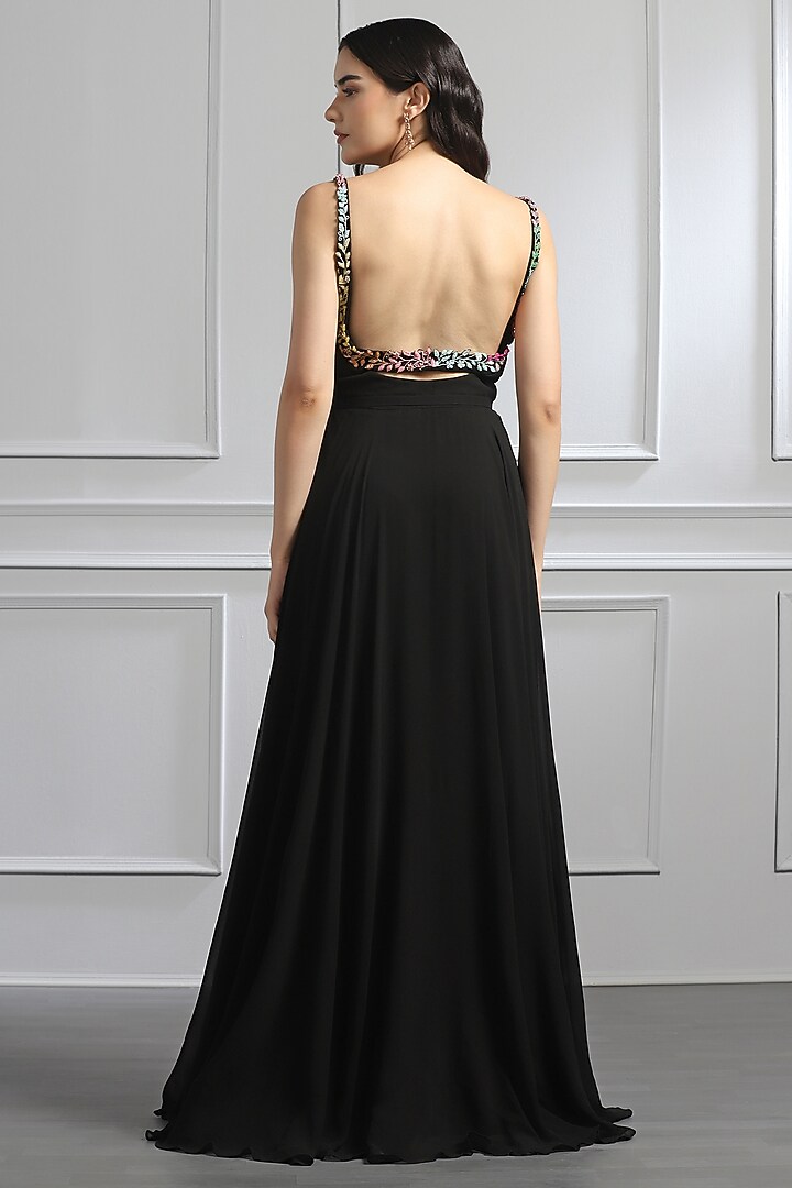 Black Georgette Floral Embellished Draped Engagement Gown by BAYA BY RICHA at Pernia's Pop Up Shop