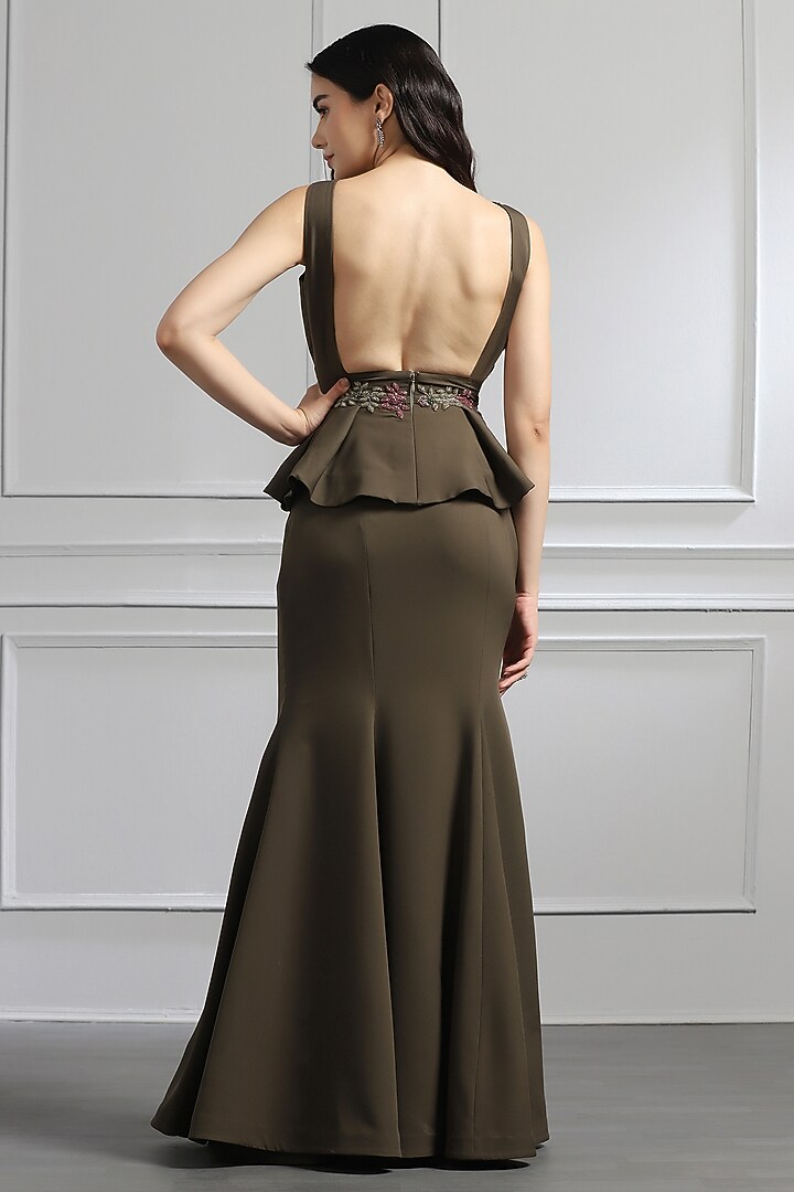 Olive Thick Crepe Floral Embellished Mermaid Skirt Set by BAYA BY RICHA at Pernia's Pop Up Shop