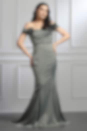 Grey Satin Crystal Embellished Draped Gown by BAYA BY RICHA