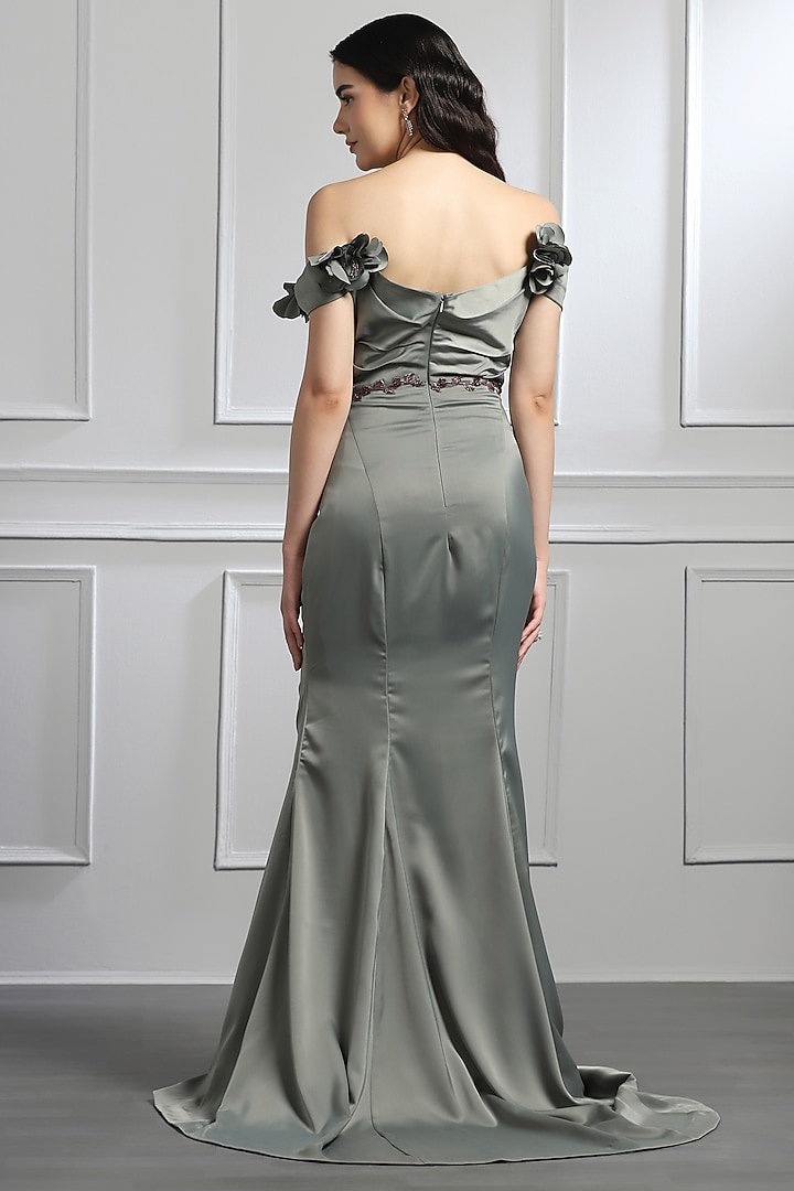 Grey Satin Crystal Embellished Draped Engagement Gown by BAYA BY RICHA at Pernia's Pop Up Shop