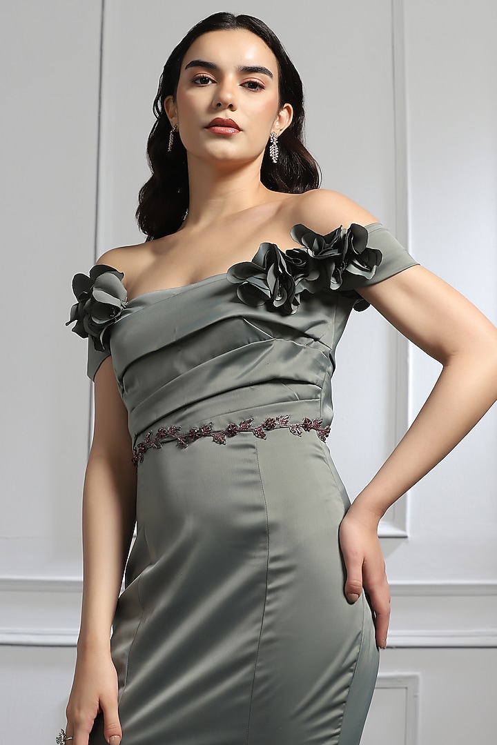 Grey Satin Crystal Embellished Draped Engagement Gown by BAYA BY RICHA at Pernia's Pop Up Shop