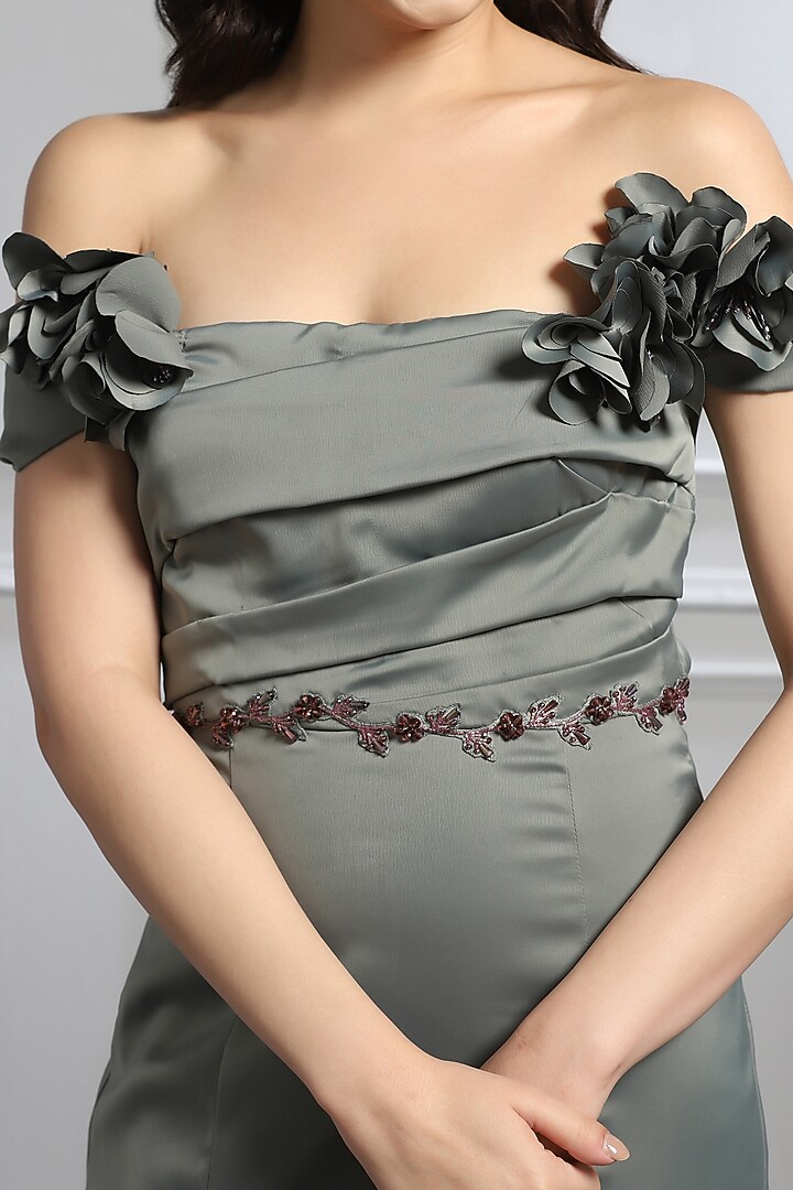 Grey Satin Crystal Embellished Draped Engagement Gown by BAYA BY RICHA at Pernia's Pop Up Shop