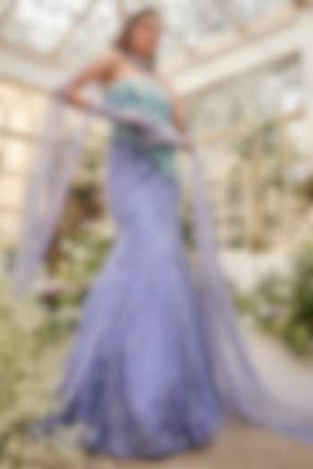 Periwinkle Blue Tulle Sequins Embellished Bridal Lehenga Set by BAYA BY RICHA at Pernia's Pop Up Shop