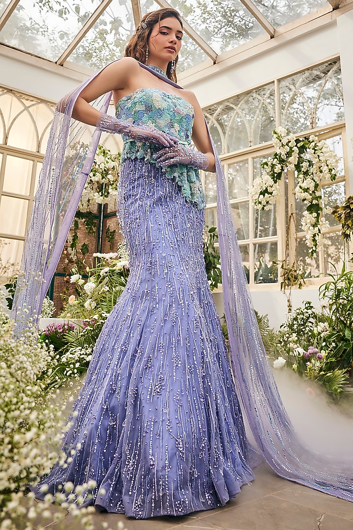 Periwinkle Blue Tulle Sequins Embellished Bridal Lehenga Set by BAYA BY RICHA at Pernia's Pop Up Shop