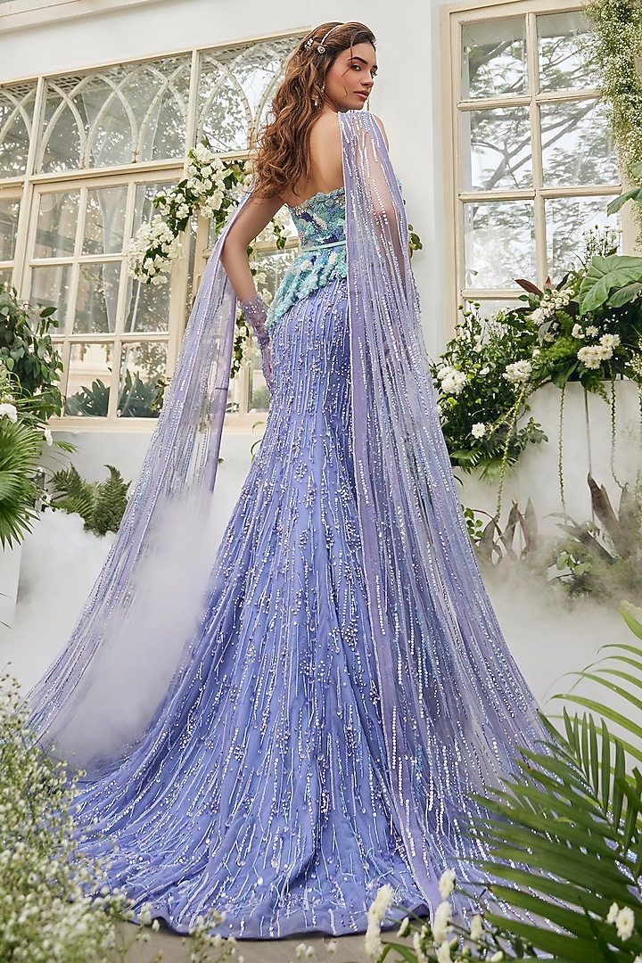 Periwinkle Blue Tulle Sequins Embellished Bridal Lehenga Set by BAYA BY RICHA at Pernia's Pop Up Shop