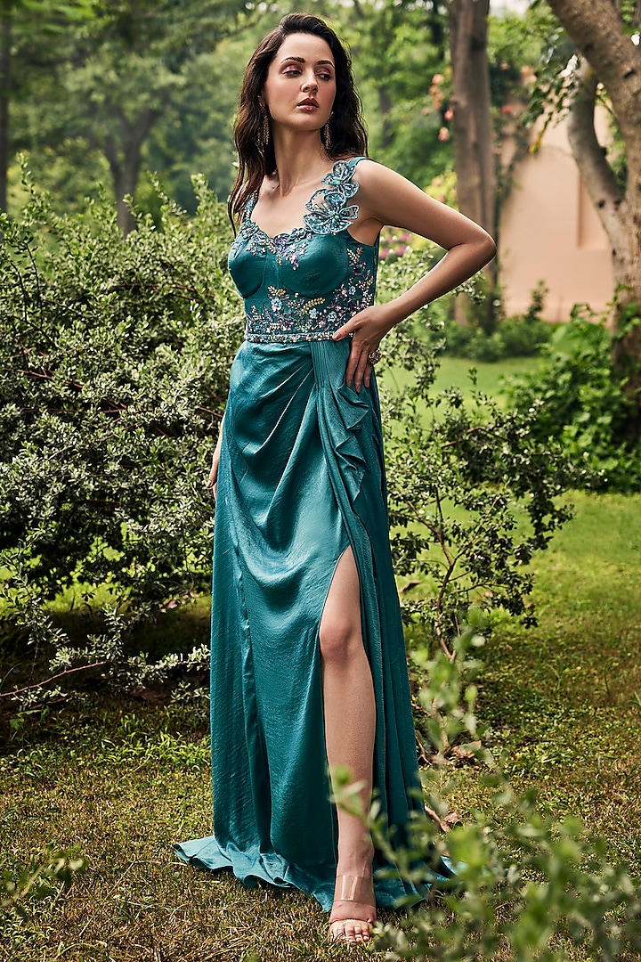 Sea Blue Satin Sequin Embroidered Gown by BAYA BY RICHA