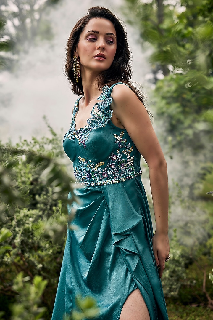 Sea Blue Satin Sequin Embroidered Engagement Gown by BAYA BY RICHA at Pernia's Pop Up Shop
