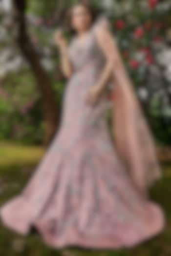 Mauve Pink Organza & Net Crystal Embellished Gown With Belt by BAYA BY RICHA at Pernia's Pop Up Shop