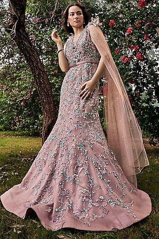 Mauve Pink Organza & Net Crystal Embellished Gown With Belt by BAYA BY RICHA