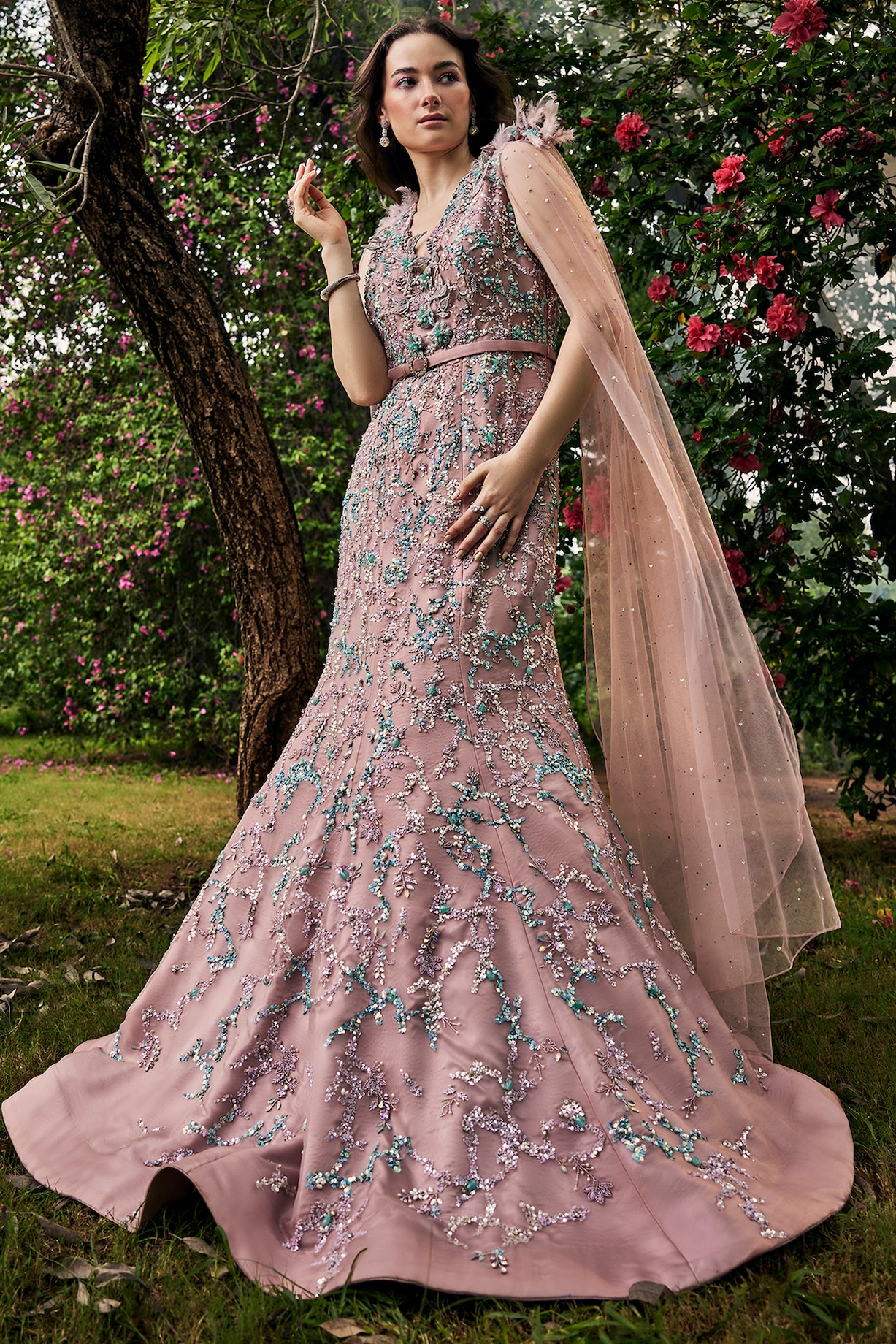 Mauve Pink Organza Net Crystal Embellished Gown With Belt by