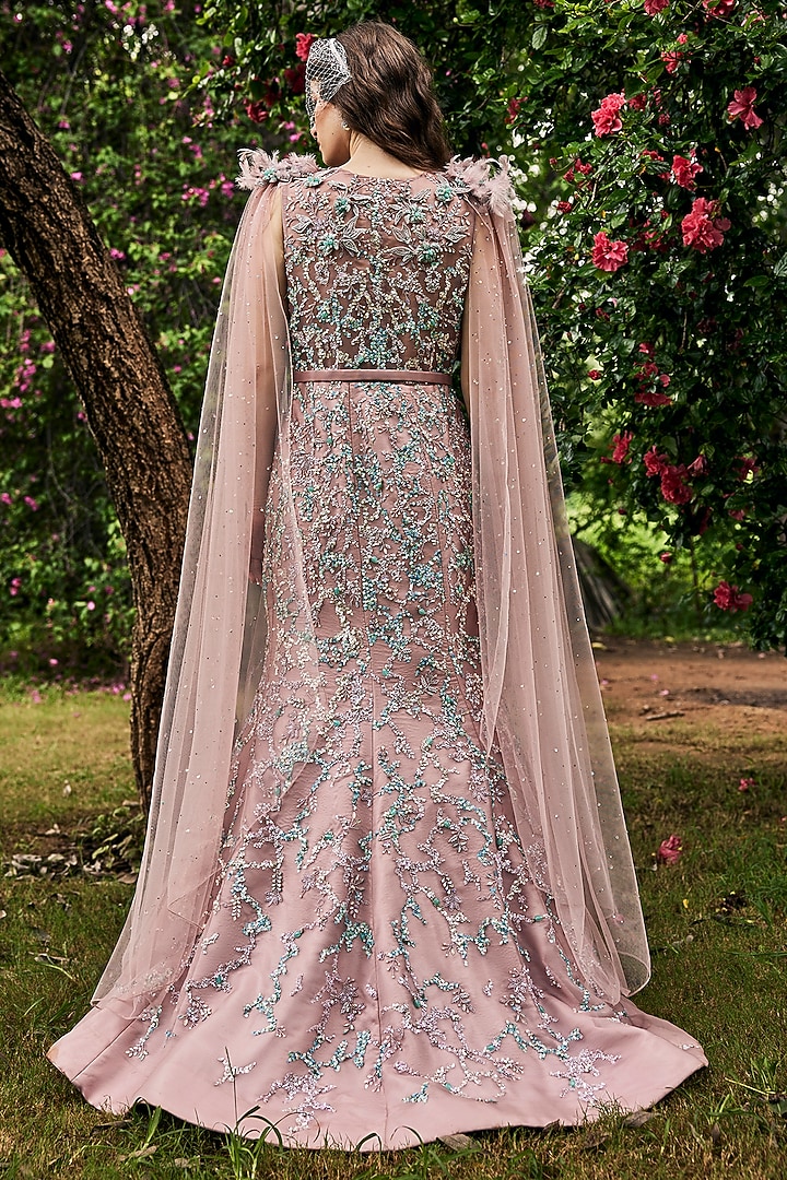 Mauve Pink Organza Net Crystal Embellished Gown With Belt by
