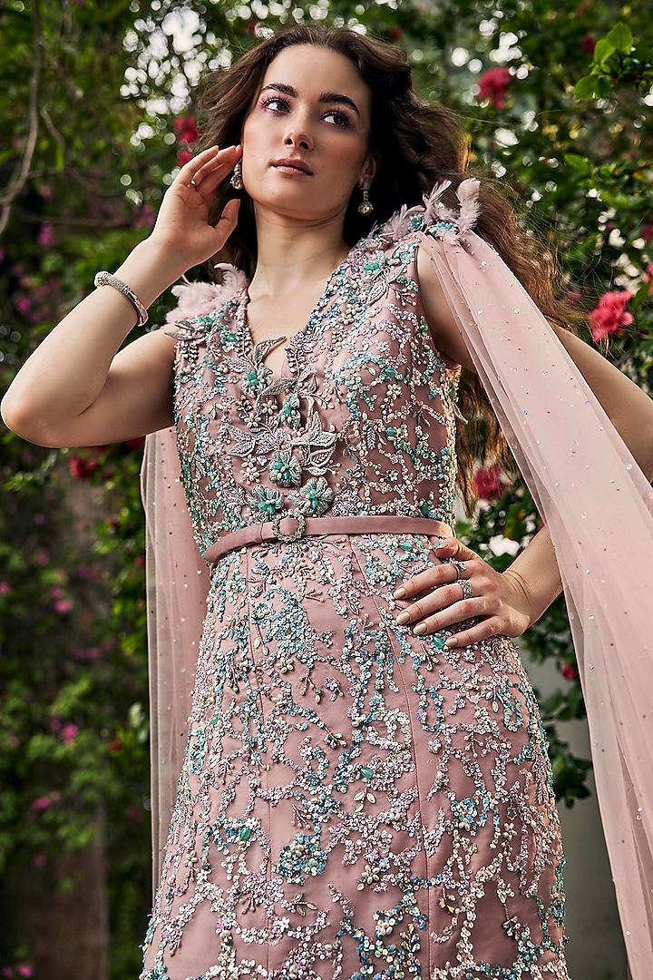 Mauve Pink Organza & Net Crystal Embellished Wedding Gown With Belt by BAYA BY RICHA at Pernia's Pop Up Shop