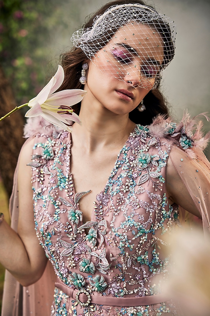 Mauve Pink Organza & Net Crystal Embellished Wedding Gown With Belt by BAYA BY RICHA at Pernia's Pop Up Shop