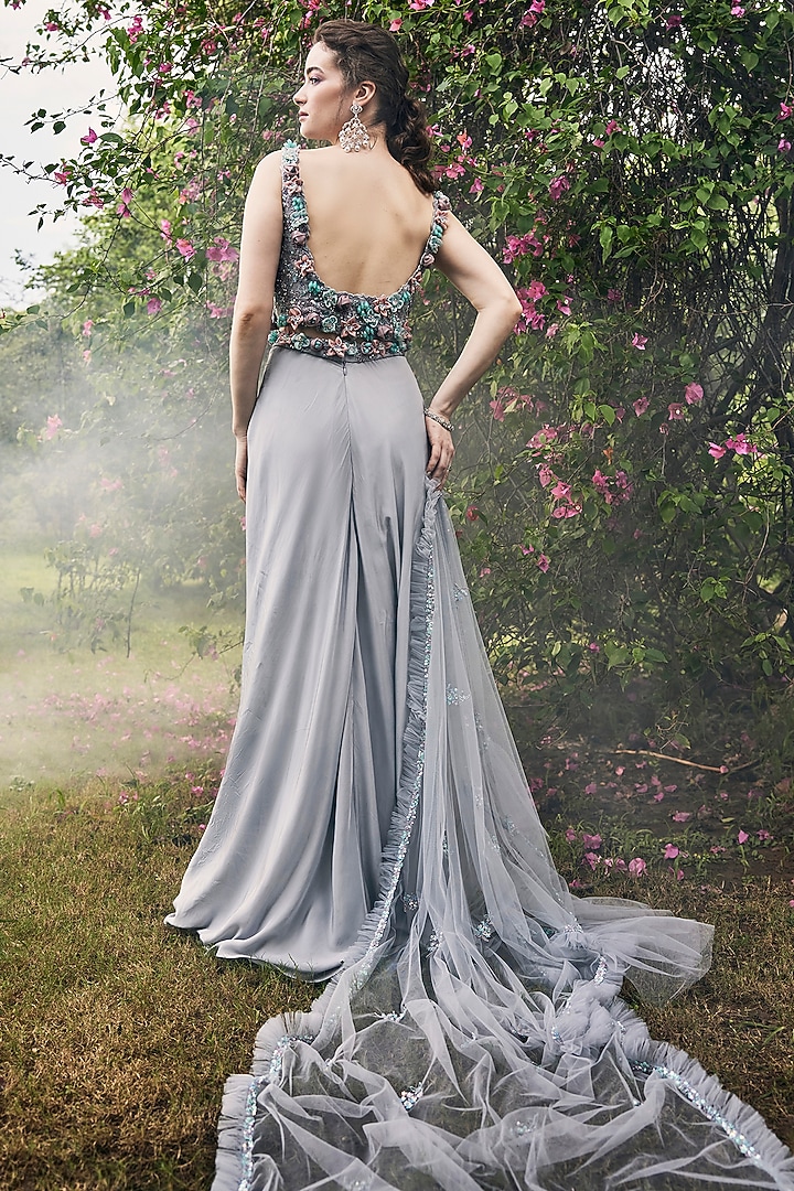 Grey Net & Organza Draped Skirt Set by BAYA BY RICHA at Pernia's Pop Up Shop